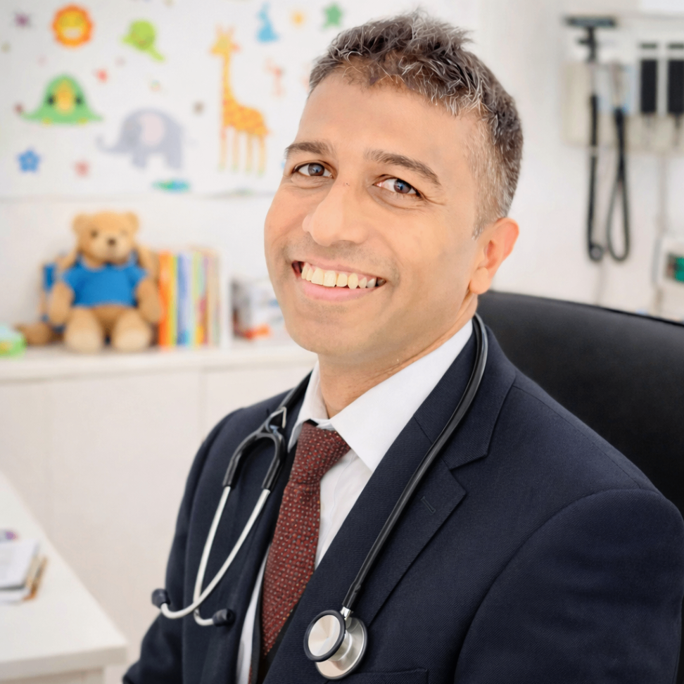 Doctor with baby and parents in paediatric clinic