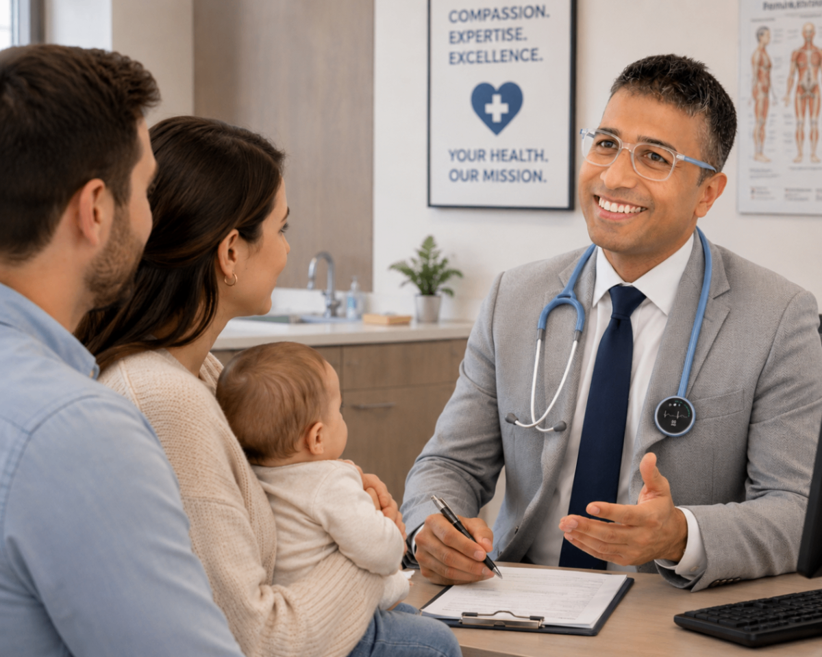Dr Anandarajan in paediatric allergy consultation with family, Belfast