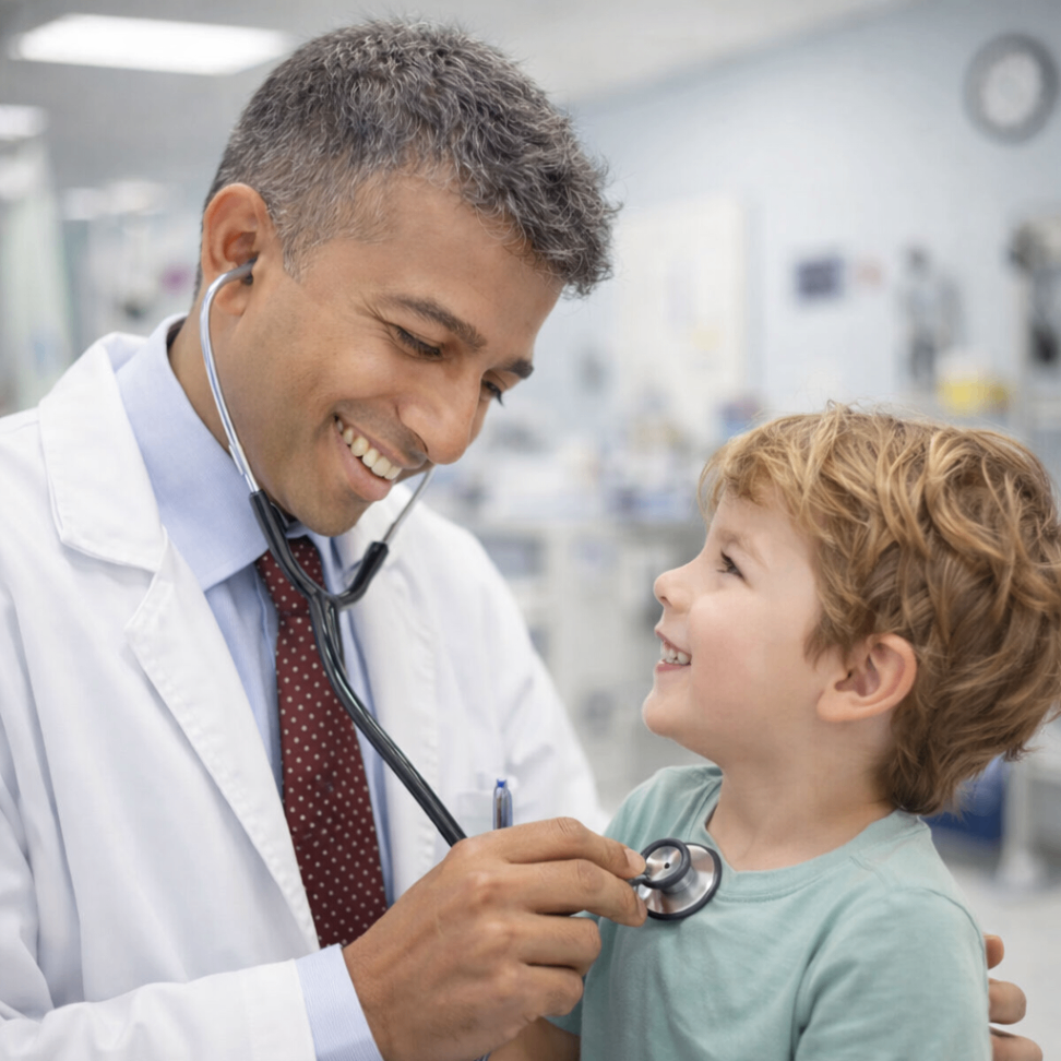 Paediatrician examining young child with stethoscope